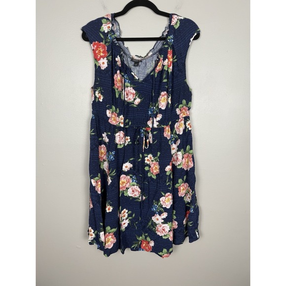 torrid Pants - Torrid Floral Dress Navy Pink Fit Flare Plus Size 1X Boho Summer‎ V-Neck Casual